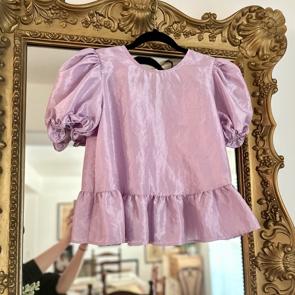 NWT Topshop Top Shirt Blouse Peplum Puff Shiny Pearl Tie Bow Holiday NYE